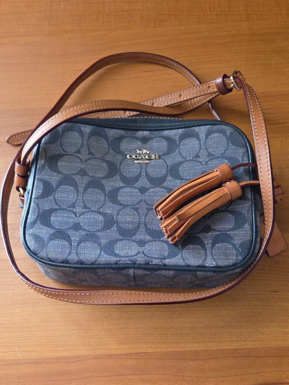 Coach Blue Signature Canvas Crossbody with Tan Leather Trim